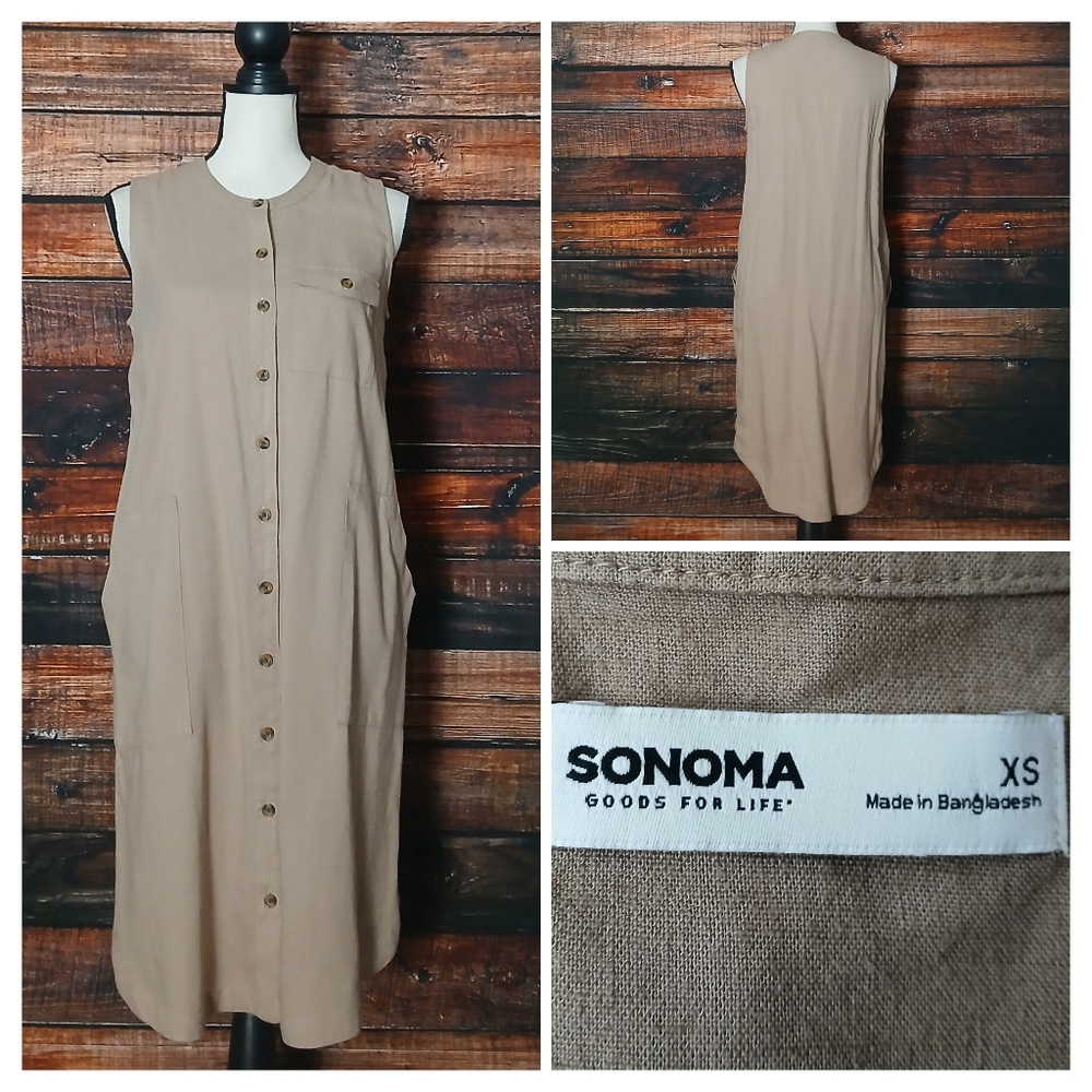 Sonoma Shift Dress XS Rayon Linen Khaki Oatmeal Button Down Pockets